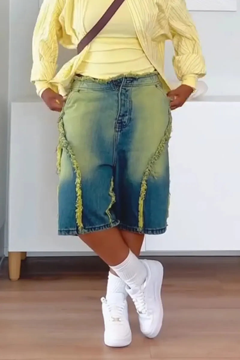 Women Vintage Gradient Washed Patchwork Casual Denim Five Quarter Pants