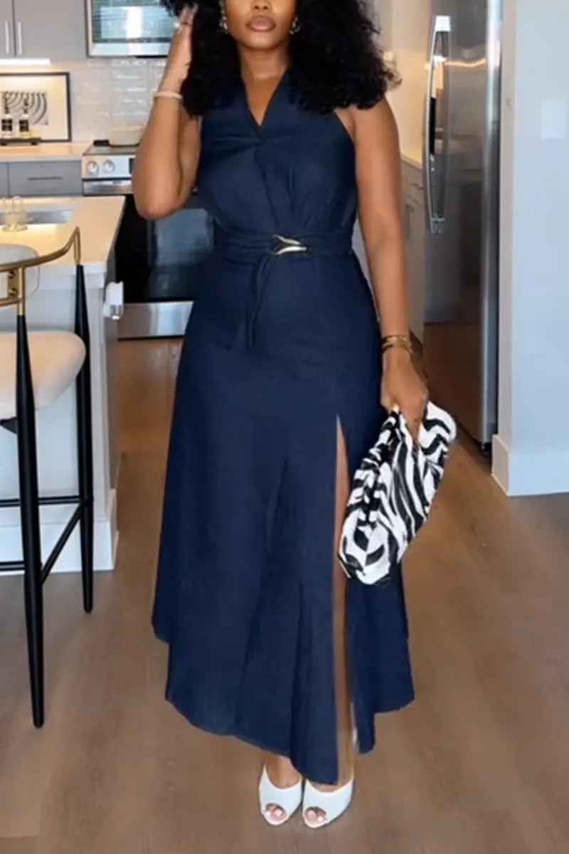 Women V-neck Sleeveless Side Slit Elegant Casual Denim Dress