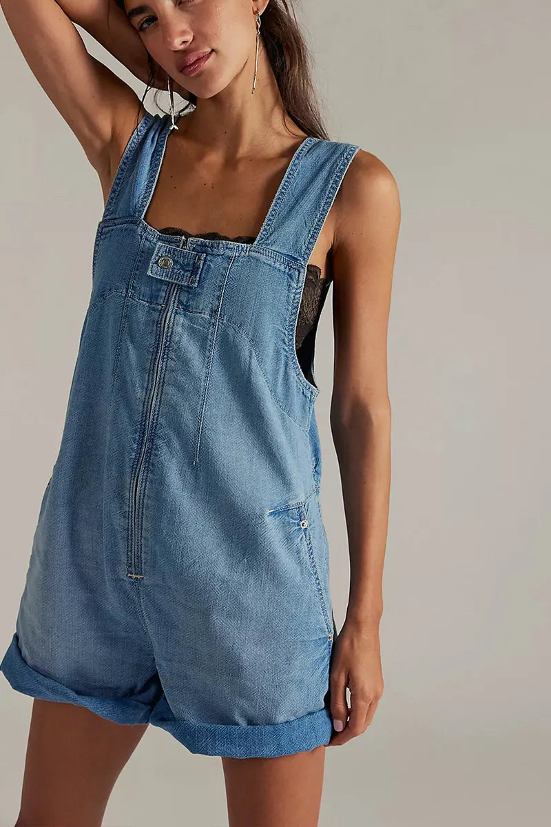 Women's Light Wash Square Neck Adjustable Strap Rolled Cuff Loose Fit Denim Short Overalls Bib Jumpsuit