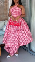 Women Neck Cinched Waist Plaid Print Irregular Elegant Casual Dress