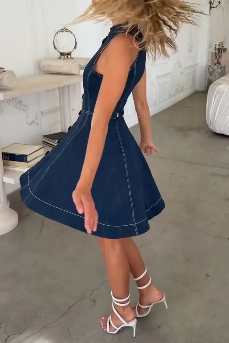 Women's Elegant Button Trim Denim Mini Dress