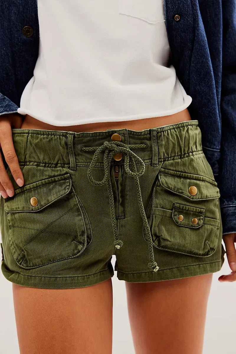 Women's Elastic Waist Drawstring Multi Cargo Pocket Cuffed Hem Casual Military Green Utility Shorts