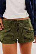 Women's Elastic Waist Drawstring Multi Cargo Pocket Cuffed Hem Casual Military Green Utility Shorts