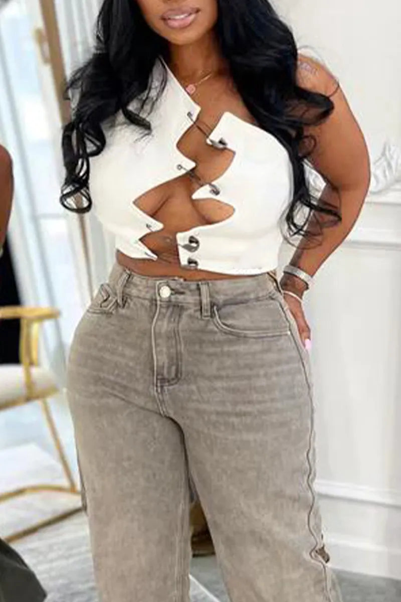 Women Irregular Pin Design Hollowed Out Sexy Casual Top