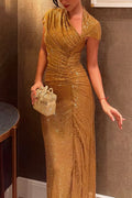 Women's Elegant Party Rhinestone Sequin Asymmetric Neckline Maxi Dress