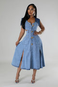 Ladies' Fashionable Casual Lapel Sleeveless Denim Dress