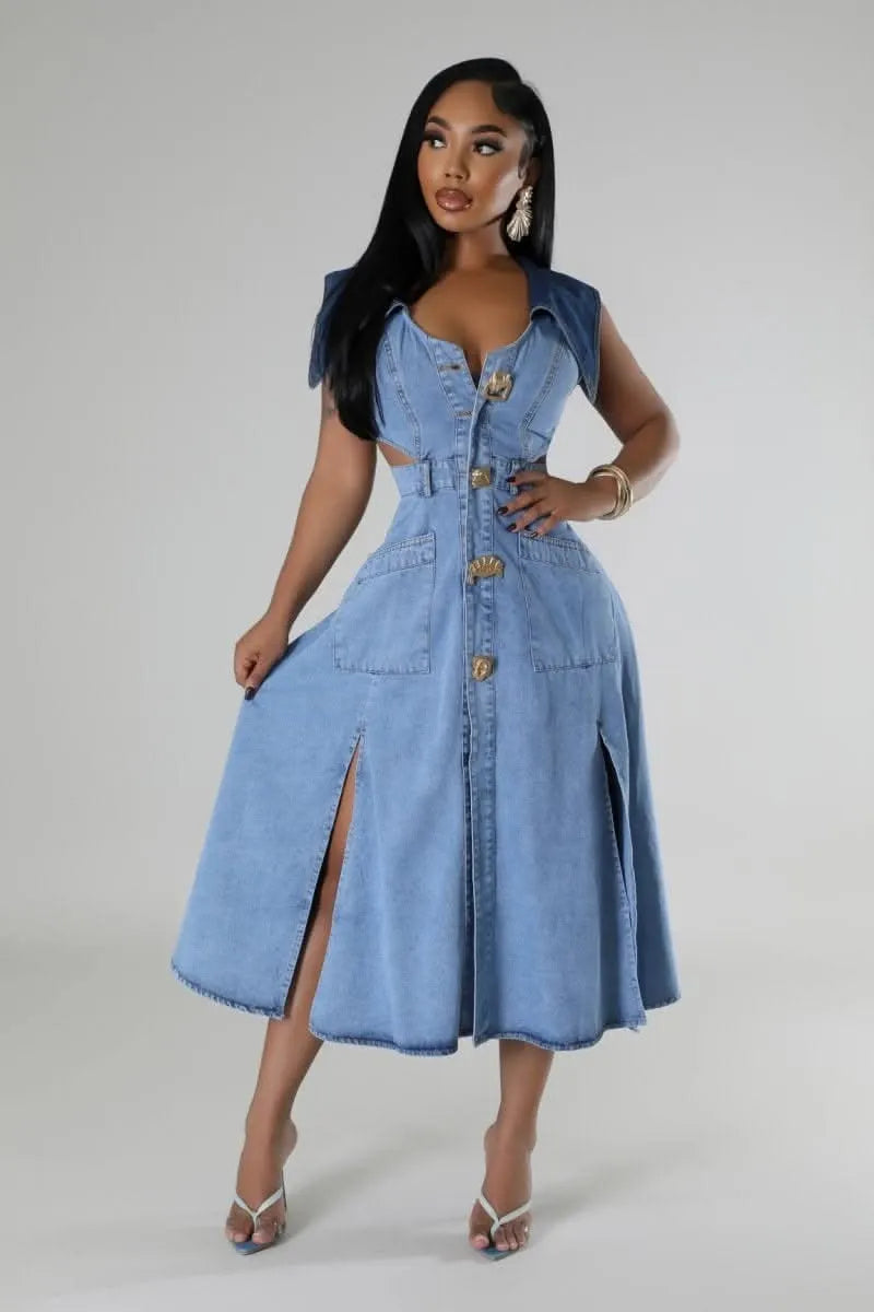 Ladies' Fashionable Casual Lapel Sleeveless Denim Dress
