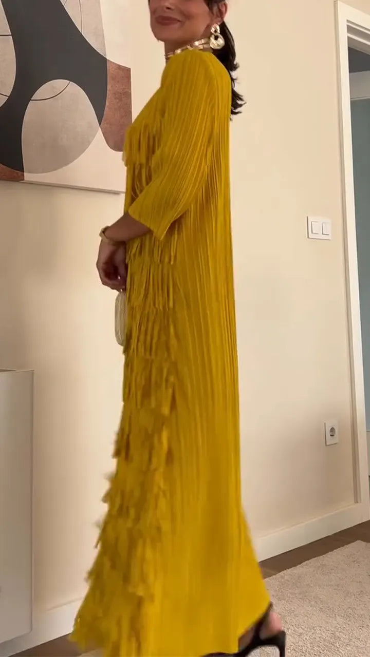 Women Round Neck Solid Color Patchwork Tassel Elegant Casual Dress