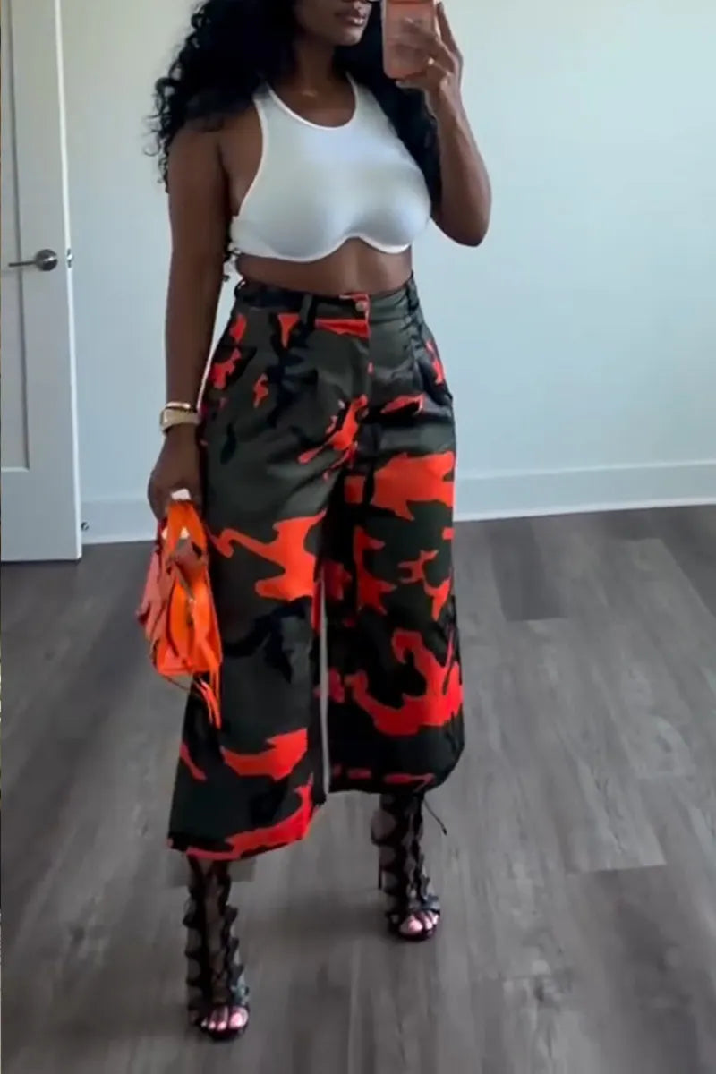 Women's Casual Camo Wide Leg Cropped Pants