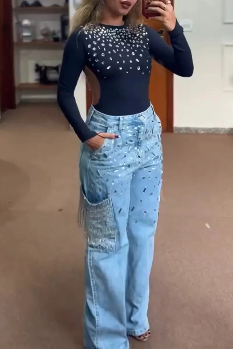 Women's Fashion Open-Back Stretch Rhinestone Top or Fringe Jeans