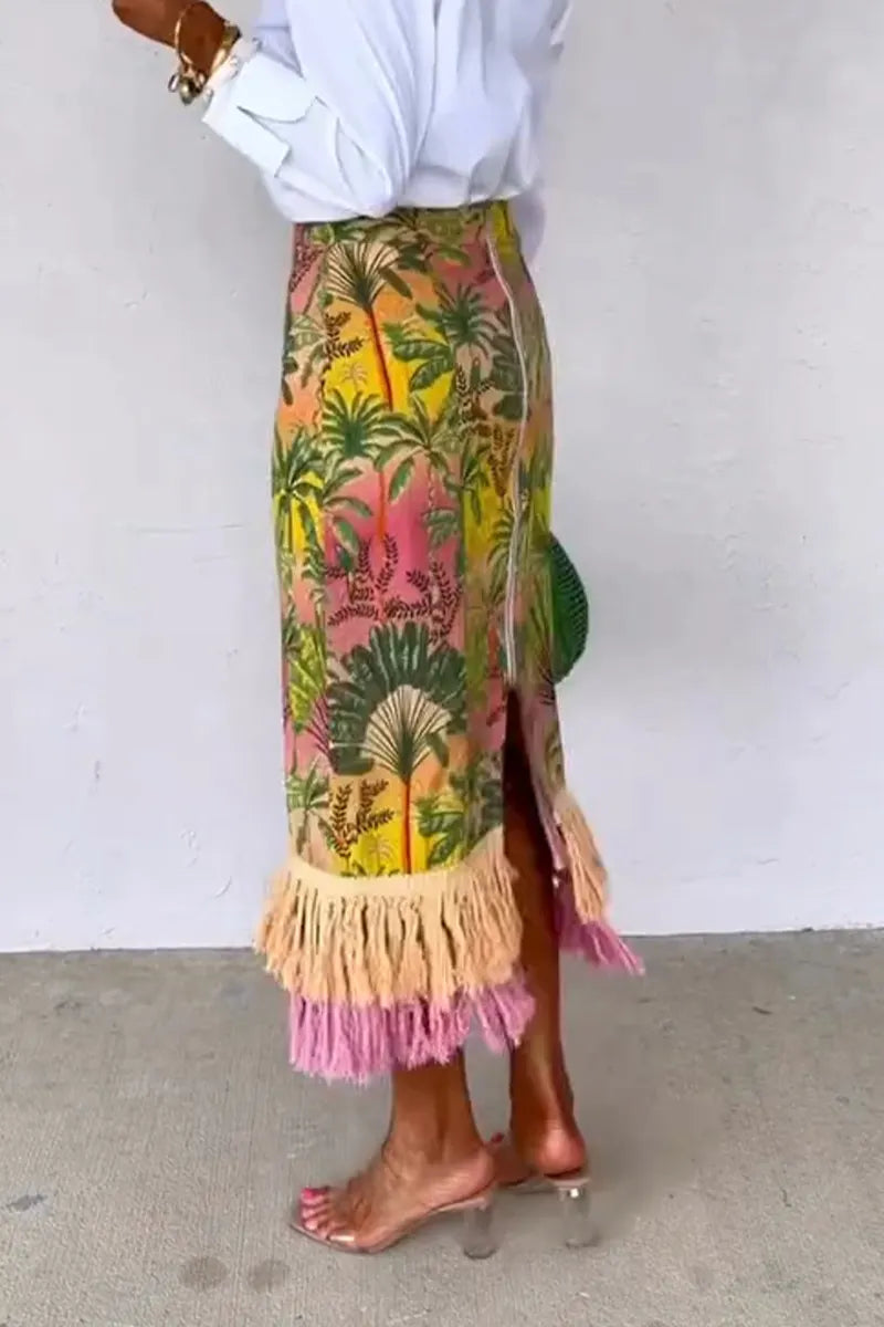 Women Elegant Casual Tropical Printed Tassel Skirt