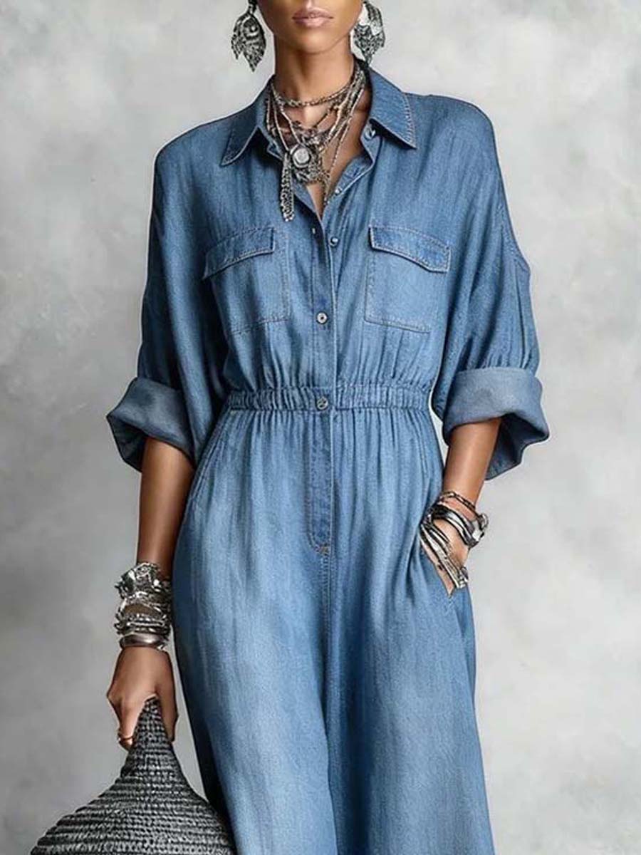 Women's Retro Casual Long Sleeve Lapel Stylish Denim Jumpsuit