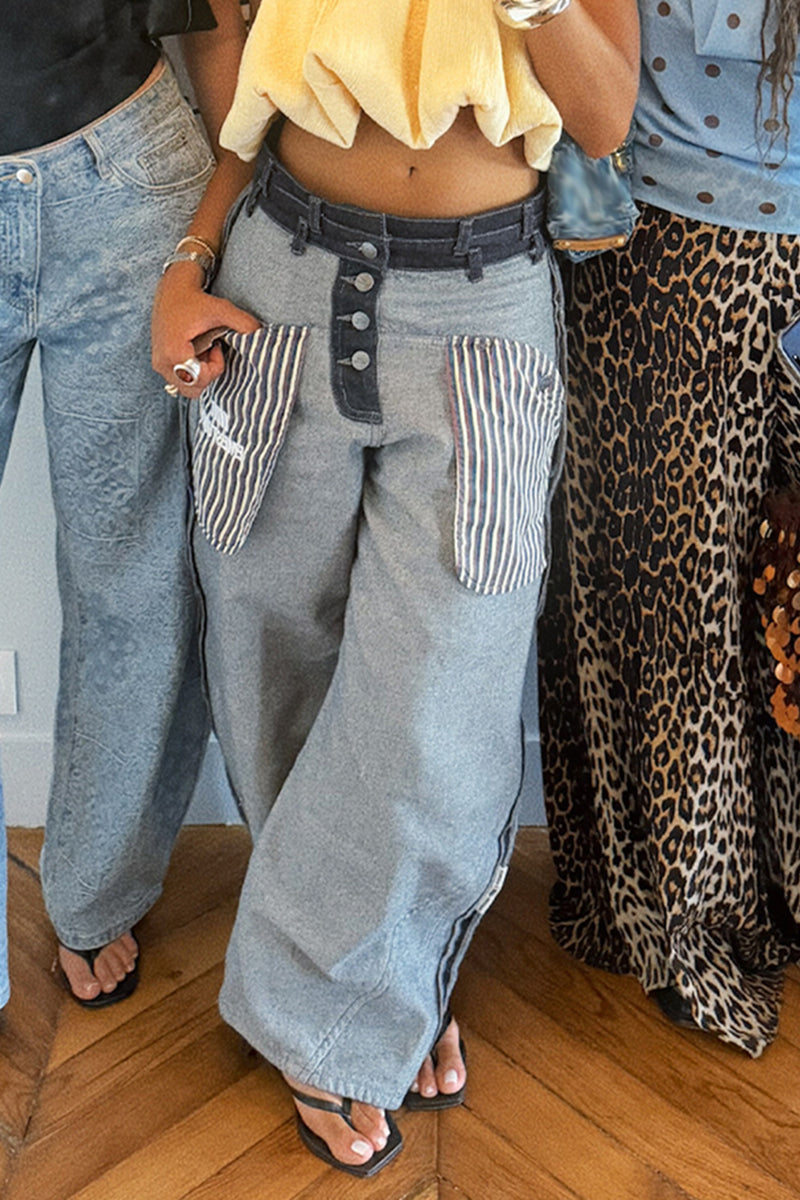 Women's Fashion Color Block Design Wide Leg Jeans