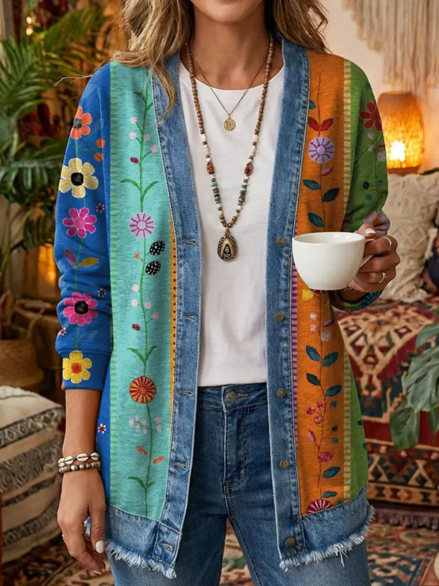 Women's Bohemian Colorful Retro Floral Art Print Casual Washed Cotton Denim Cardigan Jacket