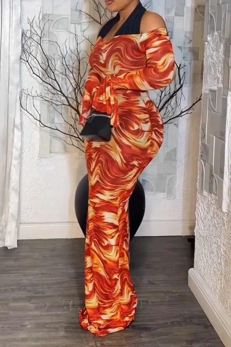 Women's Neck Hanging Patchwork Printed Back Hollow Elegant Temperament Dress