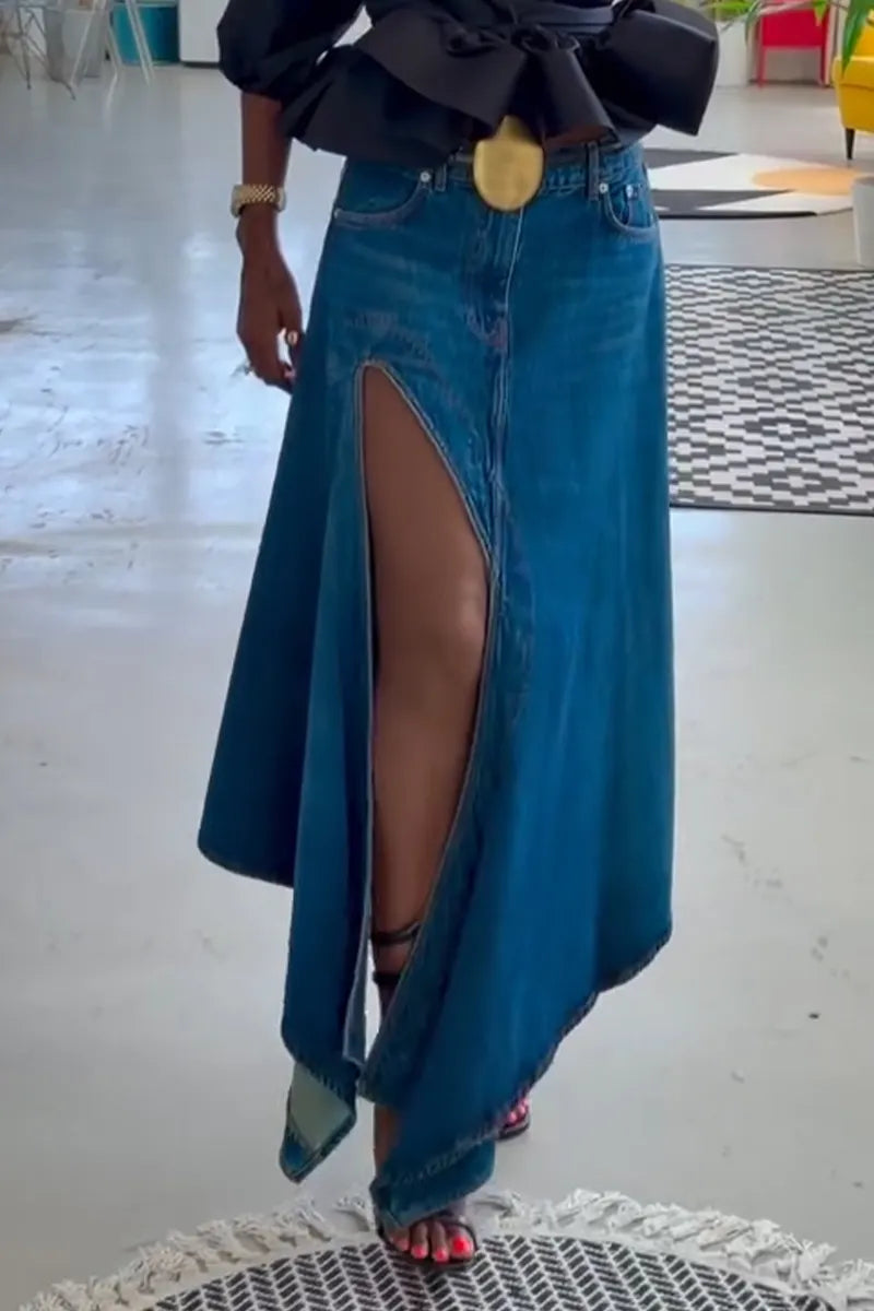 Women's Deep V-neck Solid Color Top or Split Denim Skirt