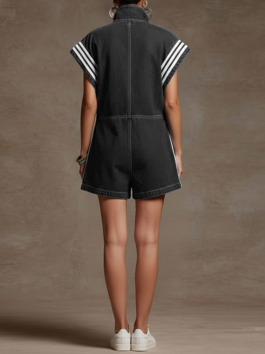 Contrast Color Drawstring Pockets Split-Joint Striped Zipper Loose Sleeveless Stand Collar Rompers