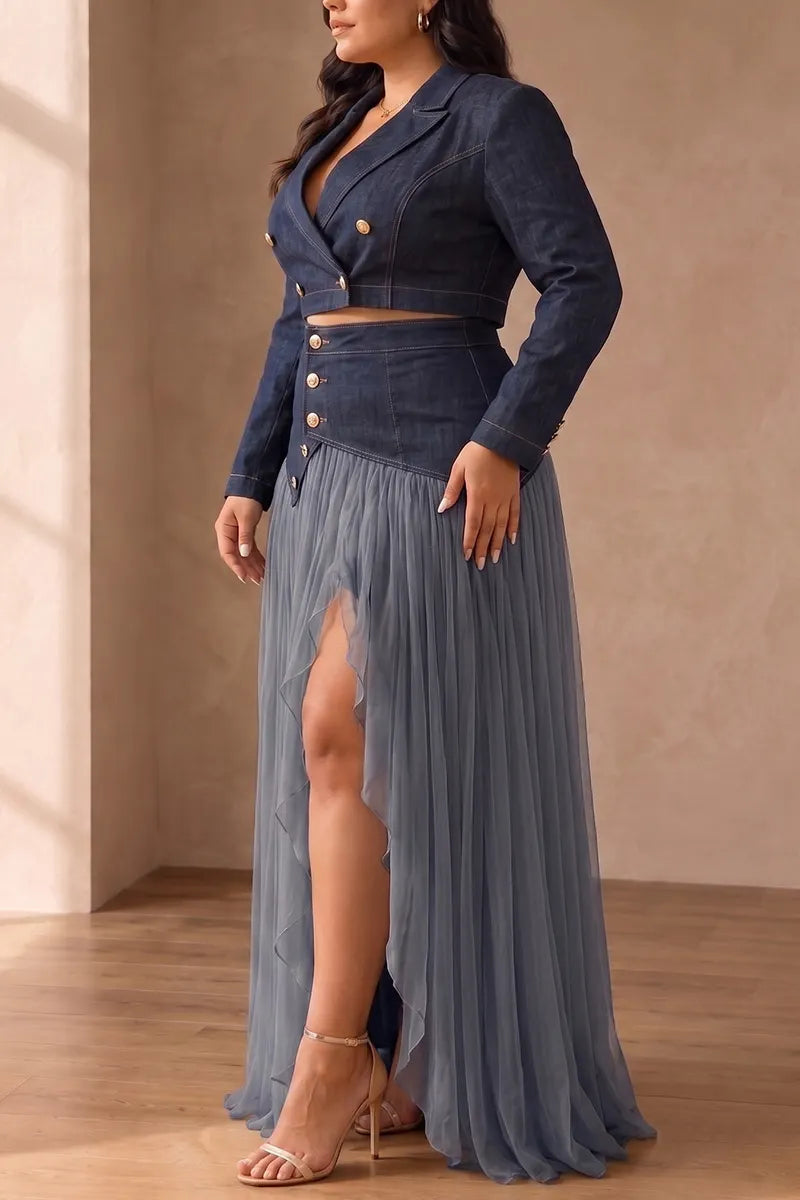 Women's 2-Piece Fitted Blazer High-Waist Pleated Chiffon Denim Skirt Set