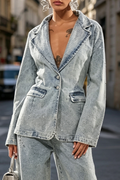 Women's Collar Hot Stamping Diamond Washed Denim Jacket or Jeans