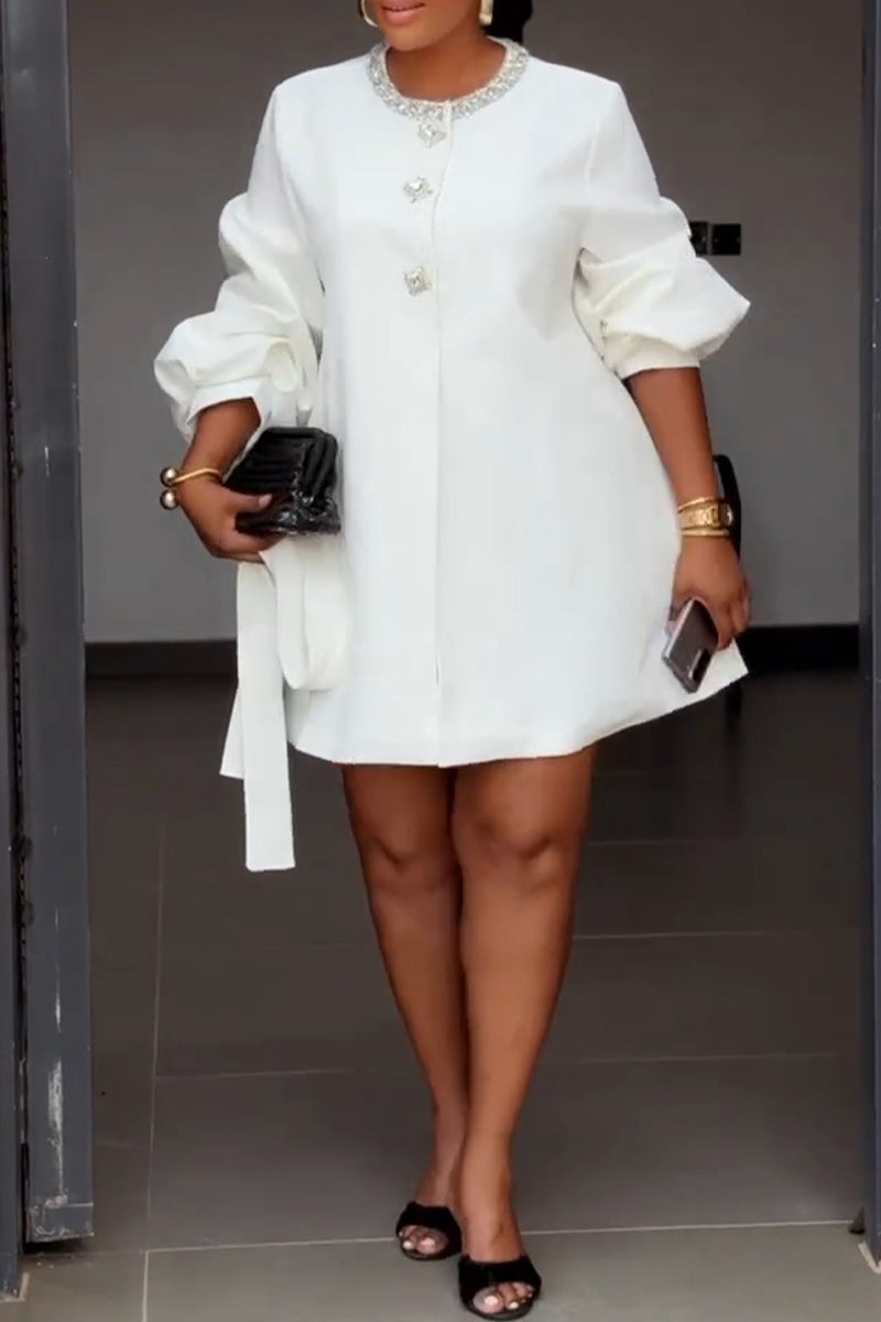 Women's Elegant Rhinestone Decoration Puff Sleeve Mini Dress