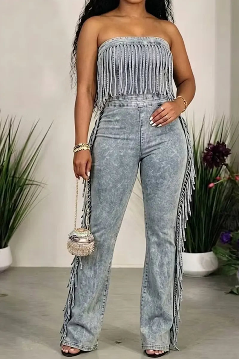 Women's Strapless Fringed Wide Leg Denim Jumpsuit