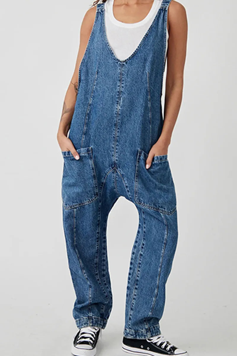 Women's V-Neck and Pockets Strap Denim Overalls