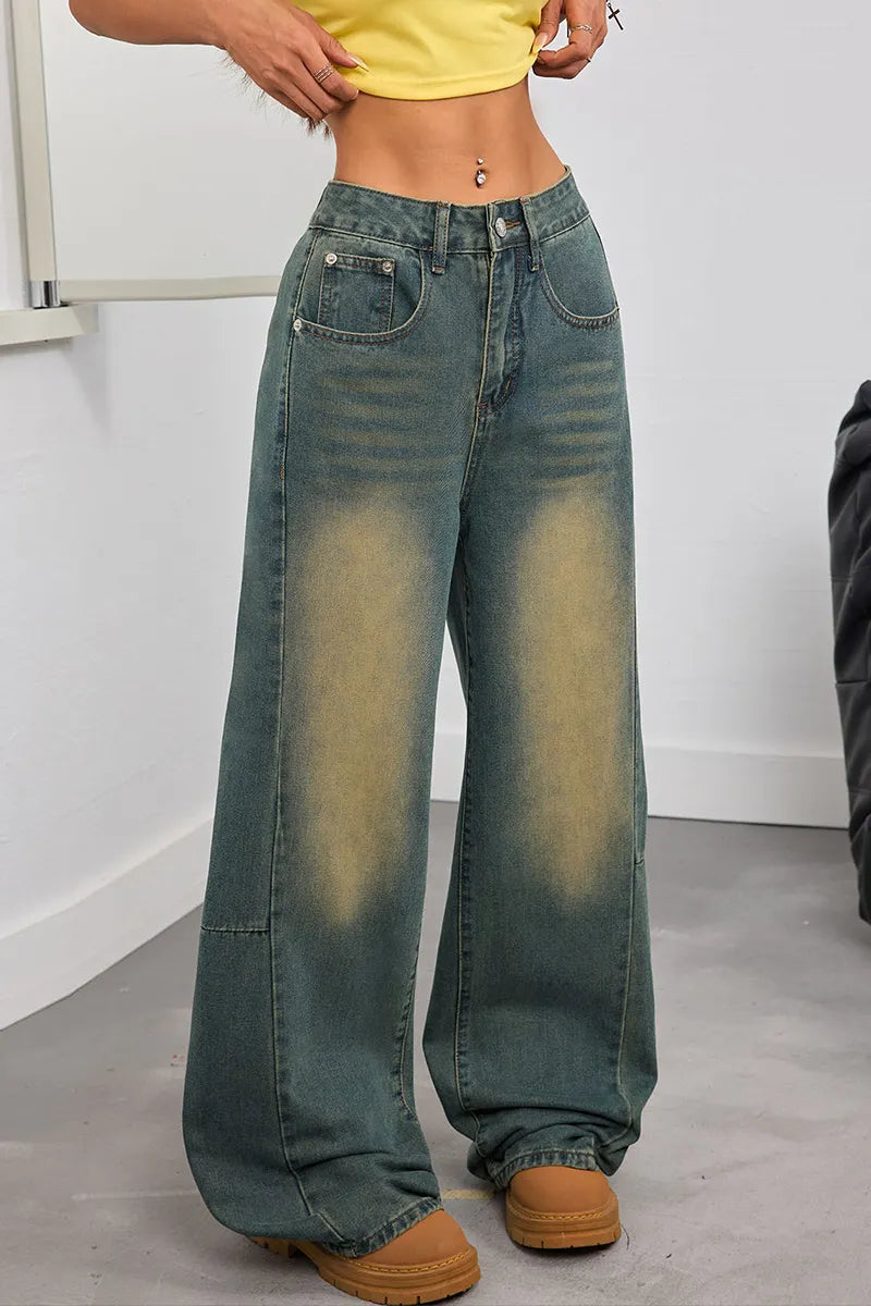 Women's Vintage Washed Loose Fit Jeans With Embroidery