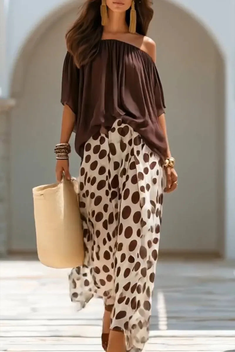 Women's Vacation Mesh Off-Shoulder Top Polka Dot Pants Two-Piece Set