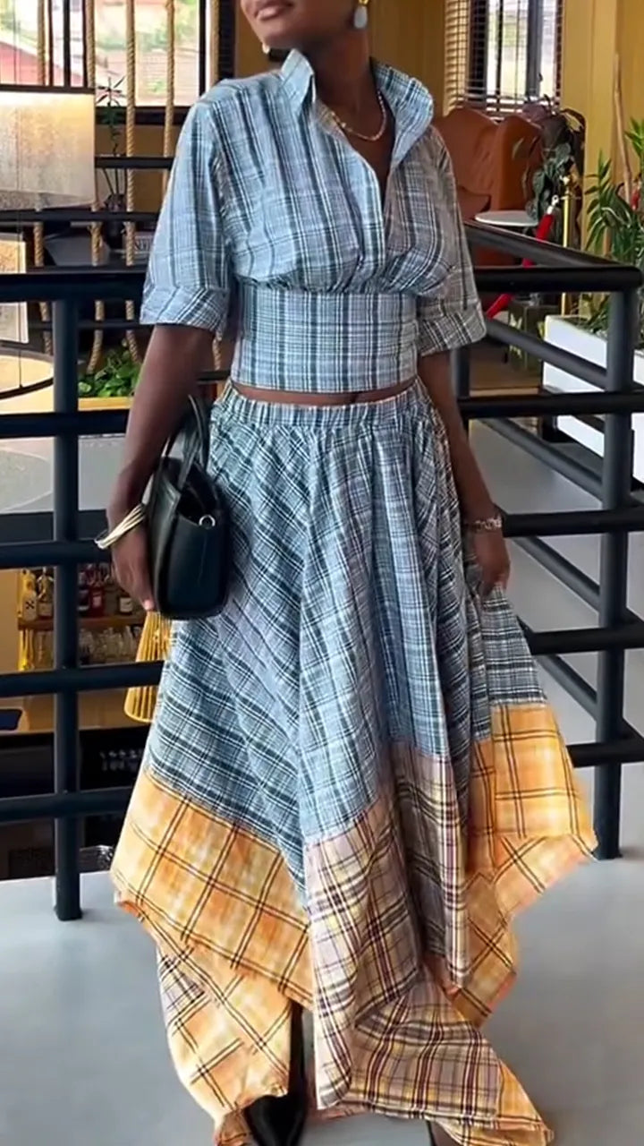 Women Collar and Waist Cinched Top + Irregular Contrasting Half Skirt Elegant Casual Suit