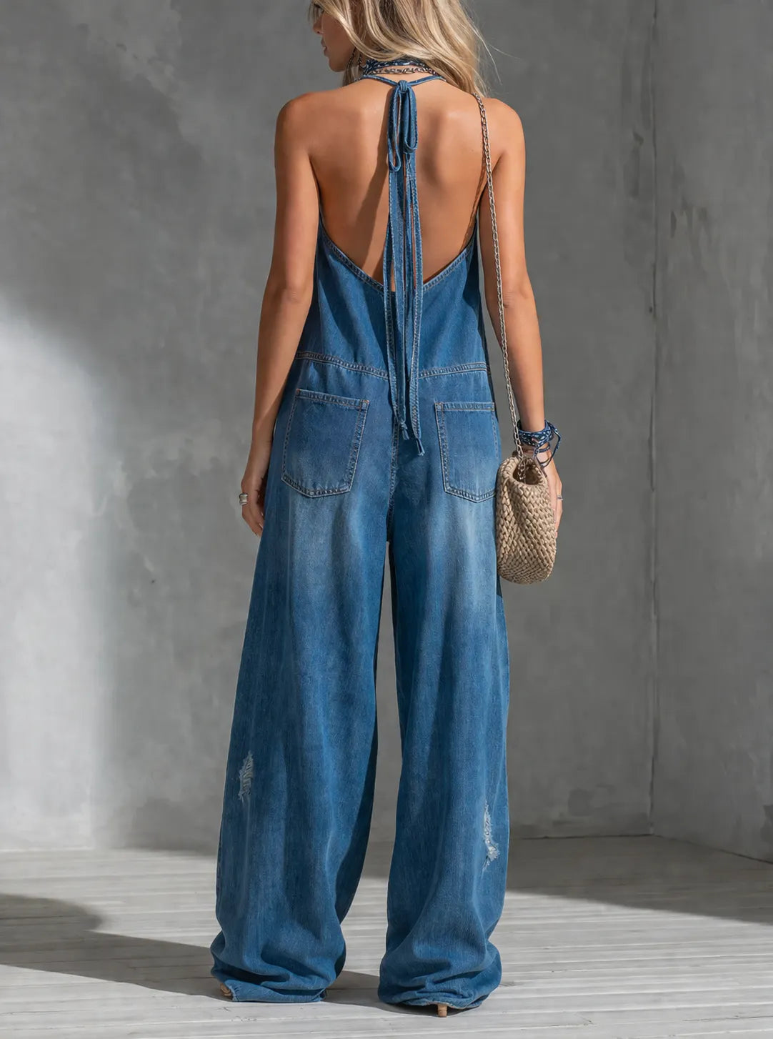 Halter-neck V-neck Distressed Ripped Wide-leg Denim Jumpsuit