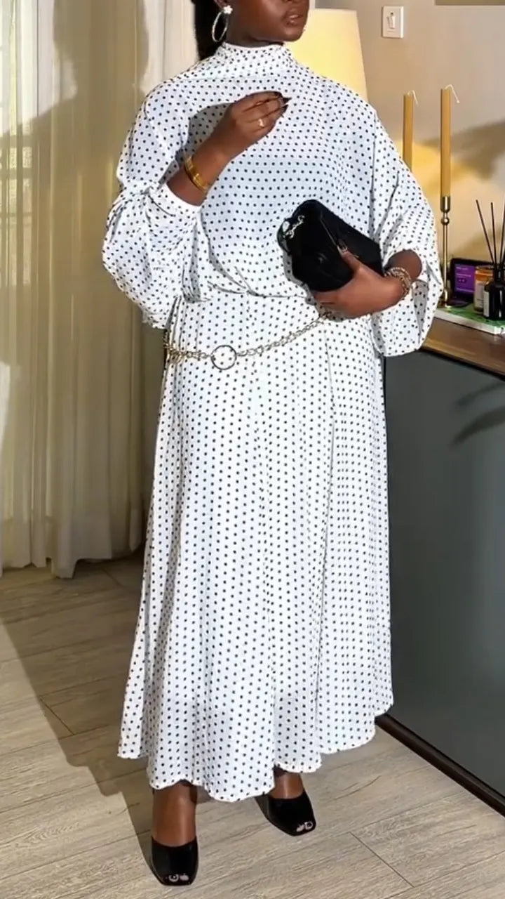 Women Round Neck Polka Dot Long Sleeved Top + Half Skirt Casual Suit