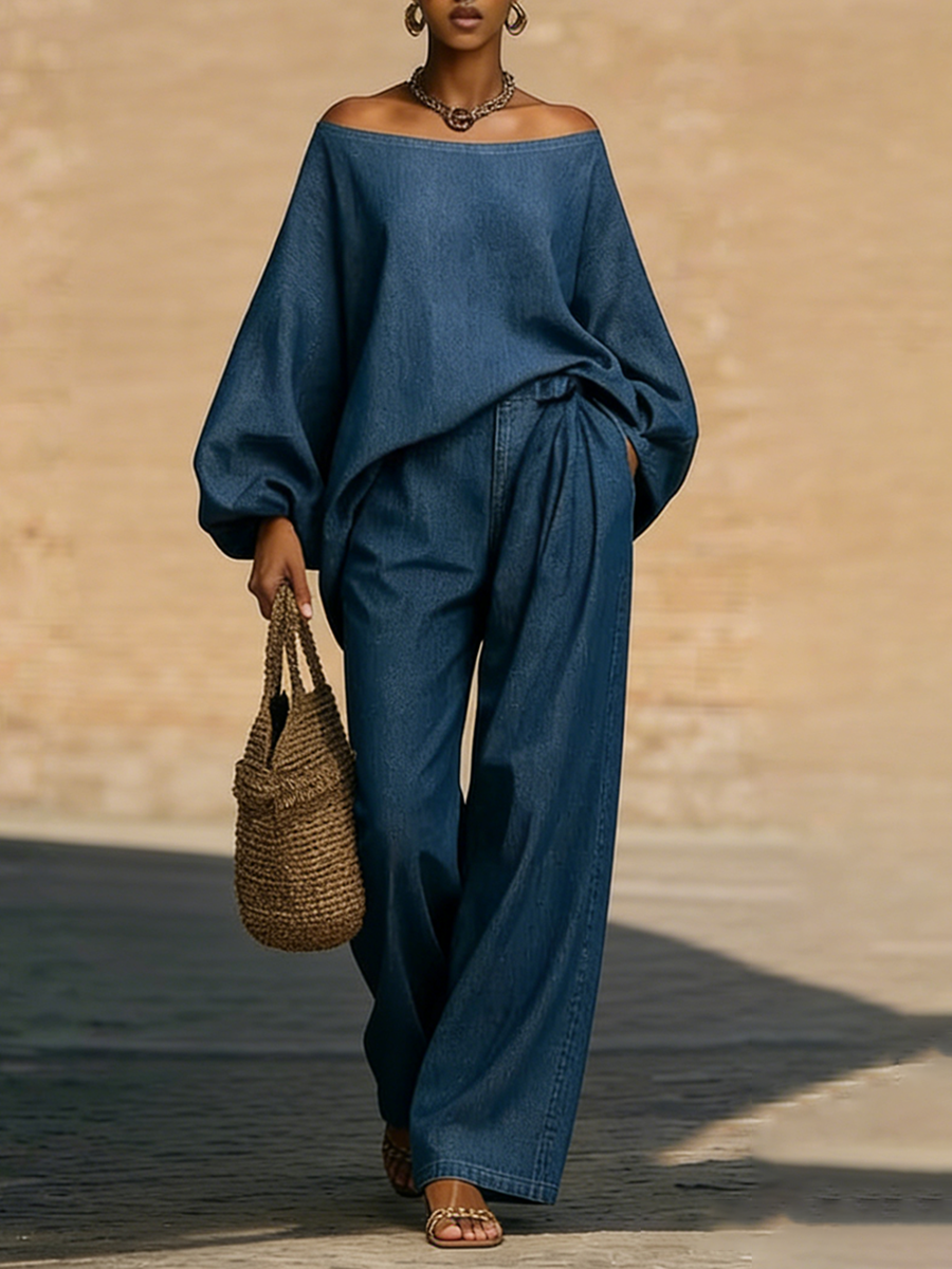 Stylish & Cozy Off-shoulder Denim Two-piece Set