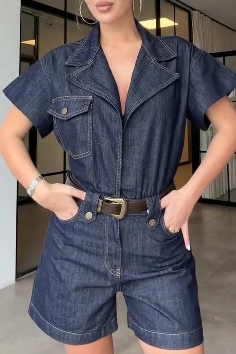 Women's Commuter Lapel Denim Short Jumpsuit