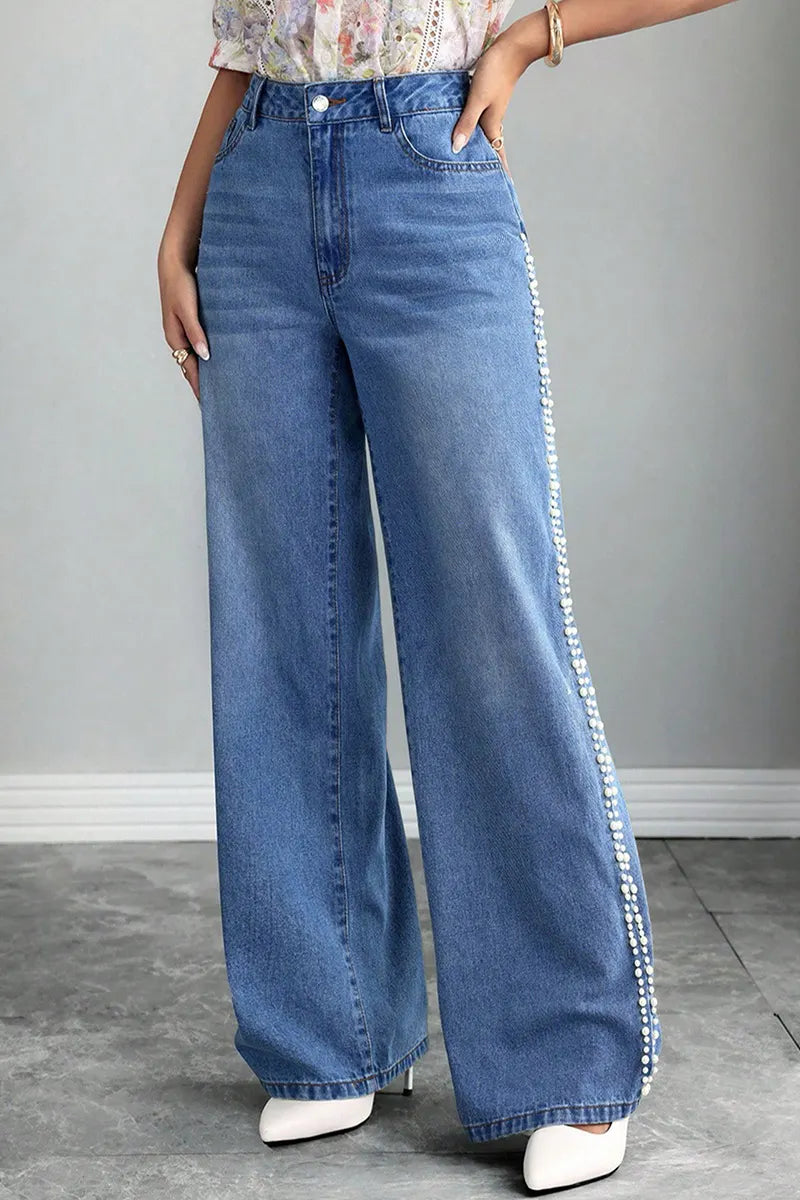 Ladie's Pearl-Embellished Lace Trim Jeans