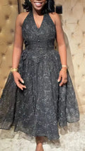 Women Elegant Dress with Hanging Neck and Waist Patterns