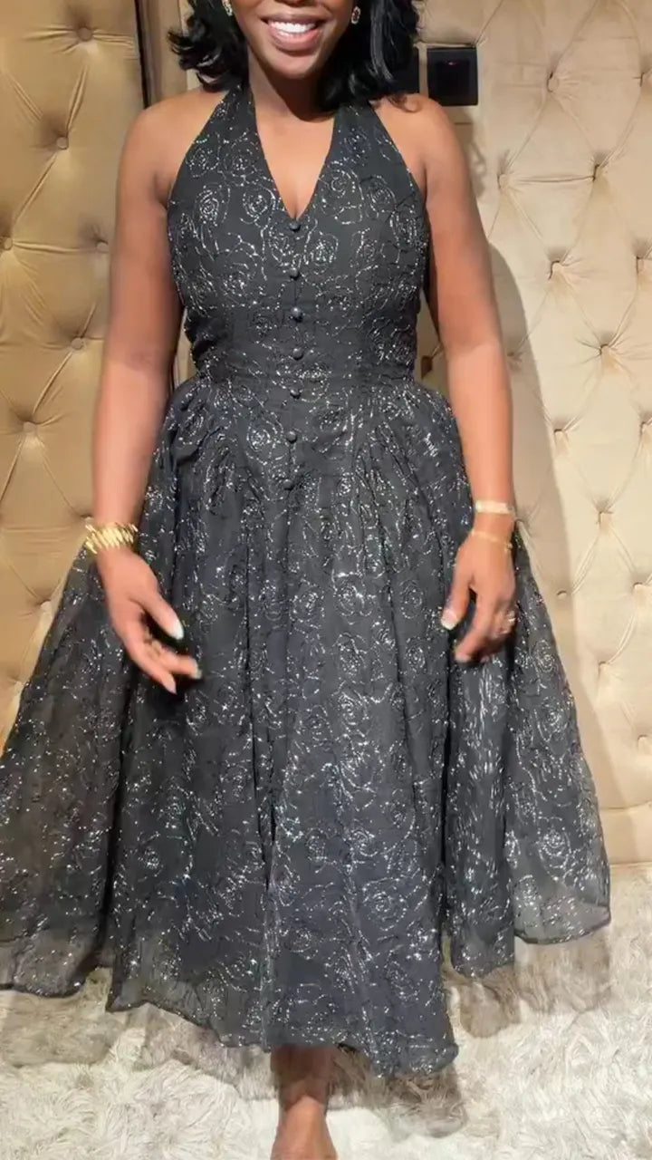 Women Elegant Dress with Hanging Neck and Waist Patterns