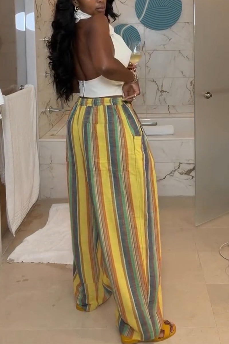 Women's Halter-neck Irregular Tops or Colorful Contrasting Casual Pants