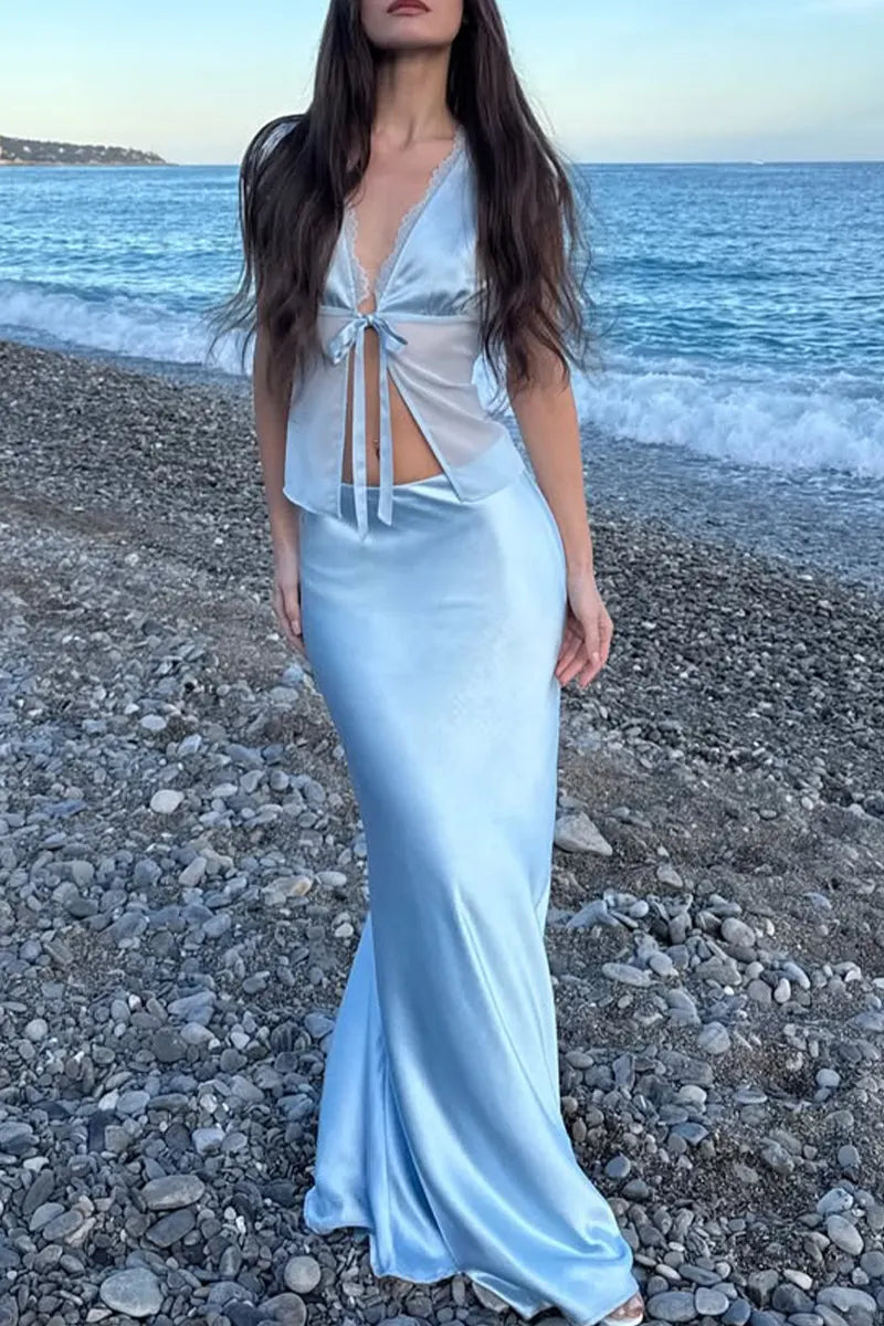 Women Deep V-neck Top + Satin Half Skirt Elegant Temperament Vacation Travel Style Set