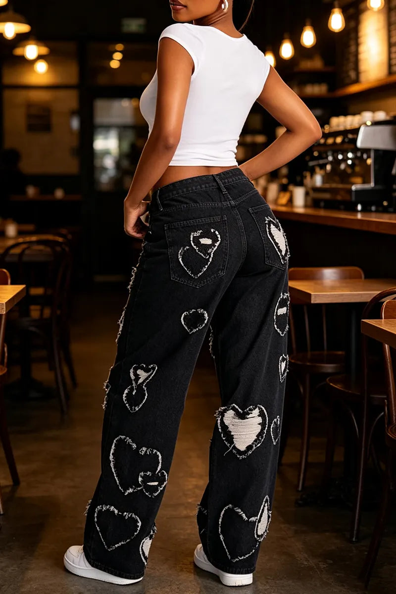 Women's Love Fringed Design Casual Wide Leg Jeans