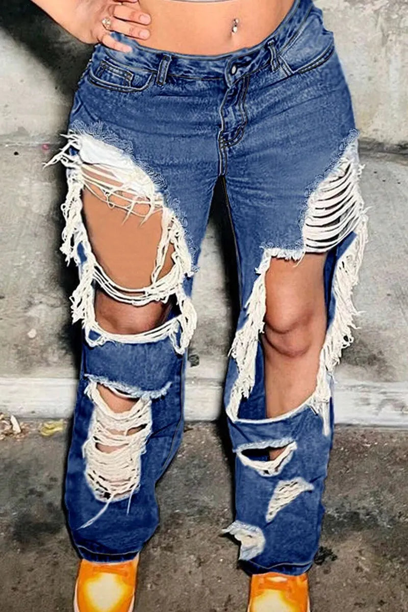 Women's Casual Distressed Wide-Leg Jeans