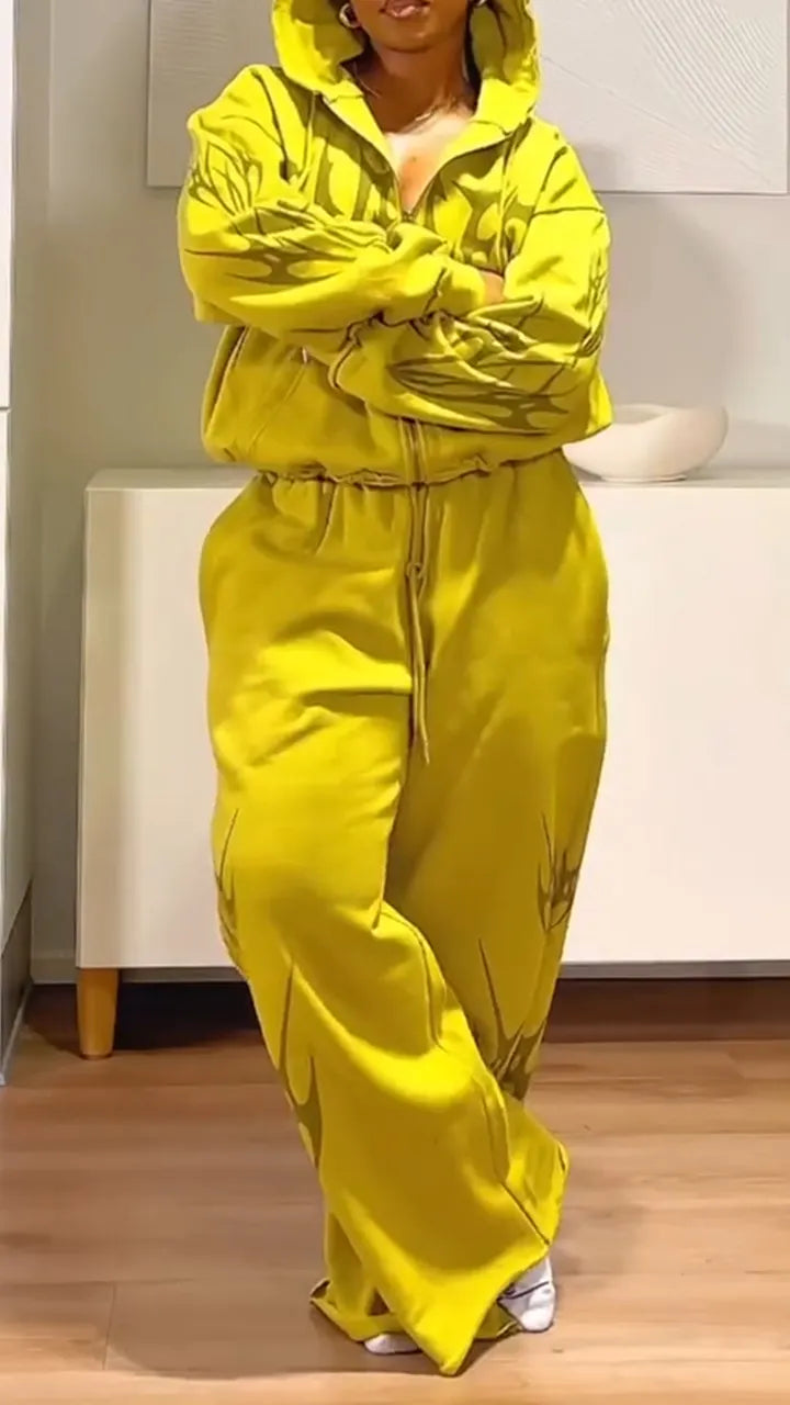 Womens Hooded Printed Jacket+ Pants Casual Set