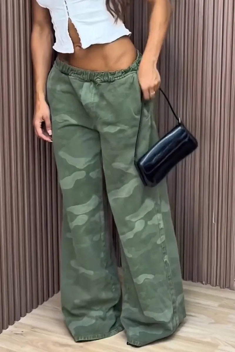 Women's Casual Stretch Waist Camo Wide Leg Jeans