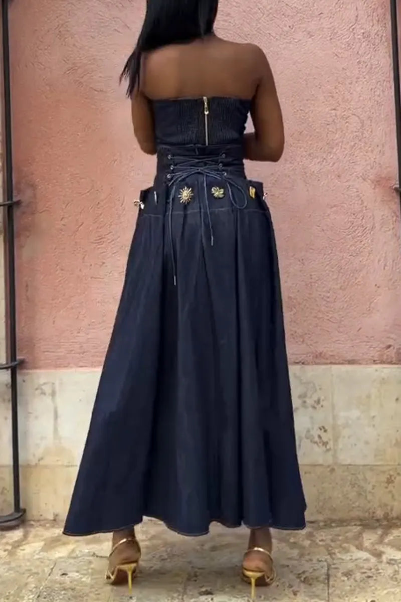 Women Strapless Denim Top or High Waisted Patchwork Denim Skirt