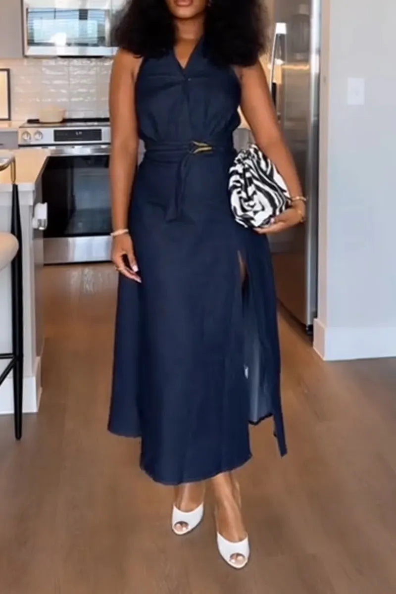 Women V-neck Sleeveless Side Slit Elegant Casual Denim Dress