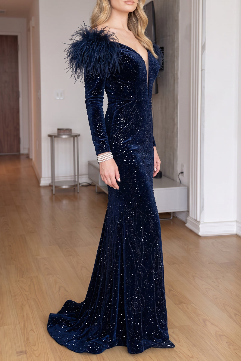 Women's Elegant Velvet Sequin Mermaid Evening Gown Off Shoulder Feather Trim Long Sleeve Deep V Neck Formal Gala Maxi Dress