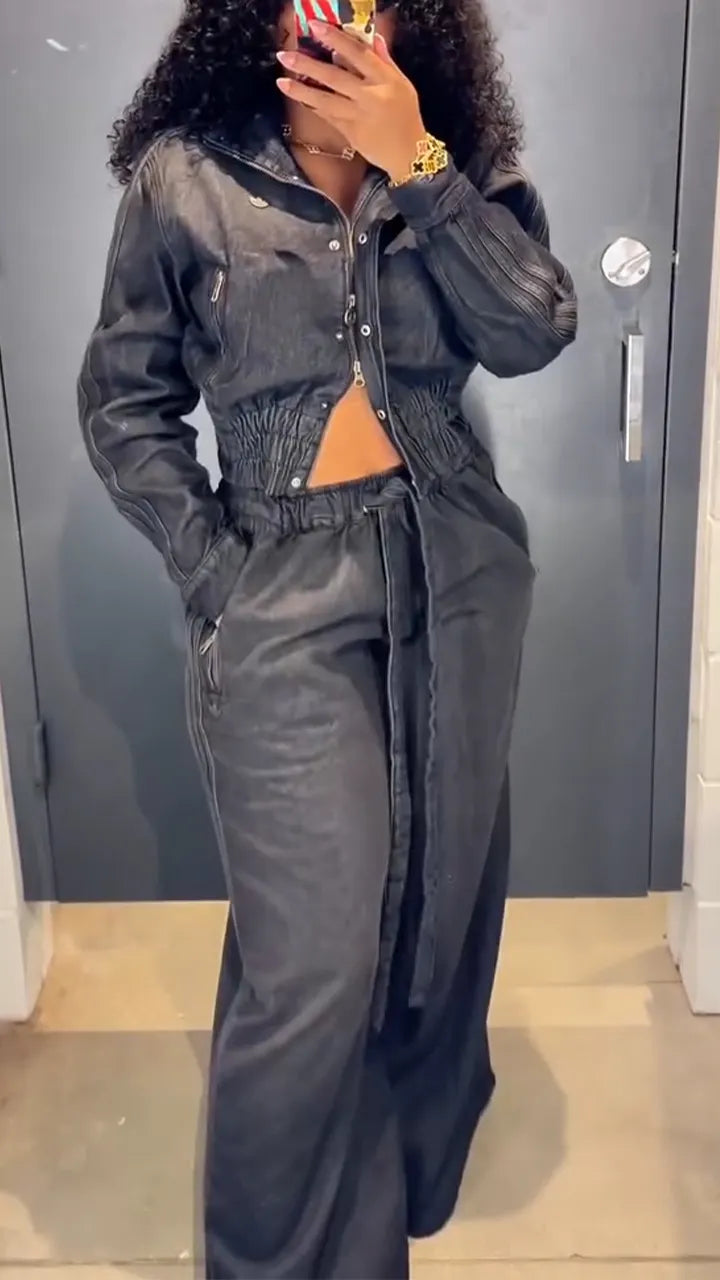 Women Collar Wash Top+ Pants Casual Denim Suit
