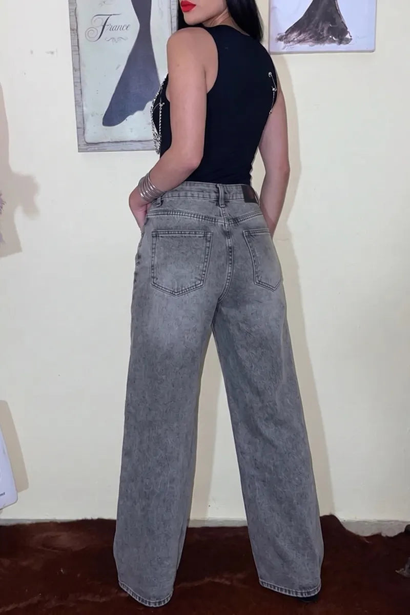 Women's Street Fashion Graffiti Chain Trim Jeans