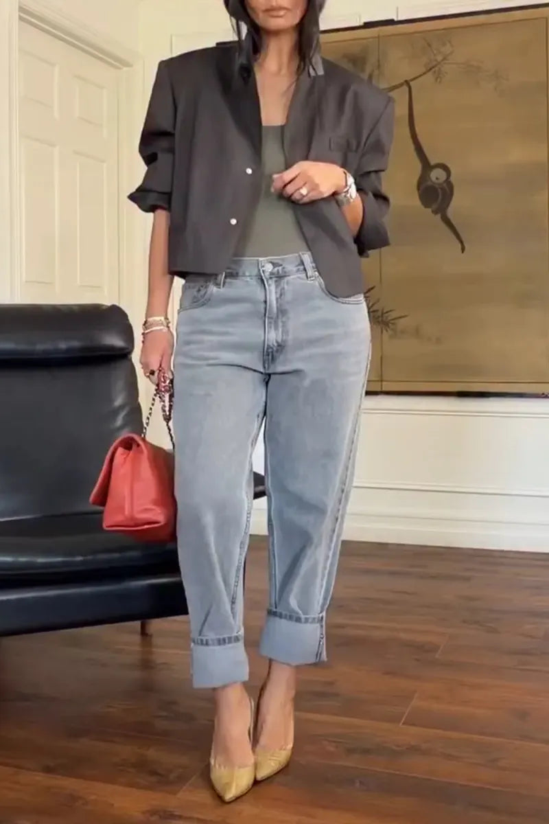 Women's Temperament Casual Collar Jacket or Washed Denim Jeans