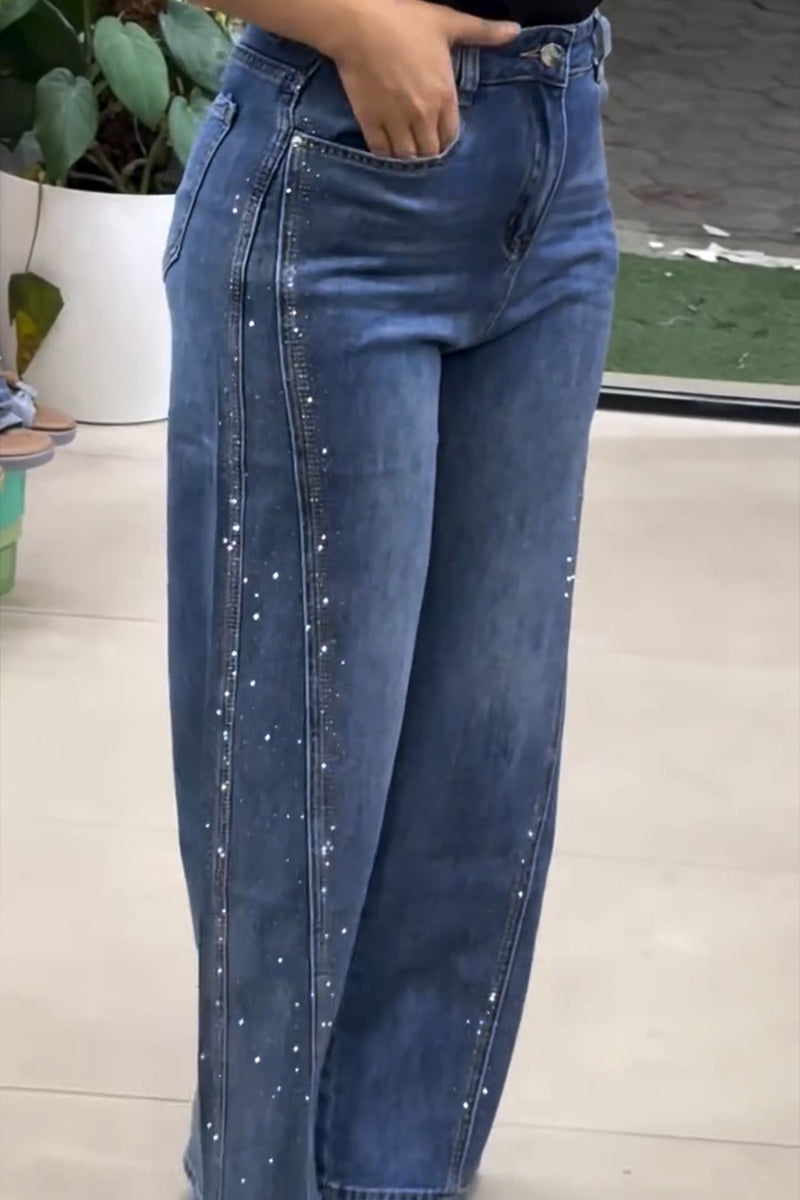 Women's Casual Side Shiny Rhinestone Decoration Jeans