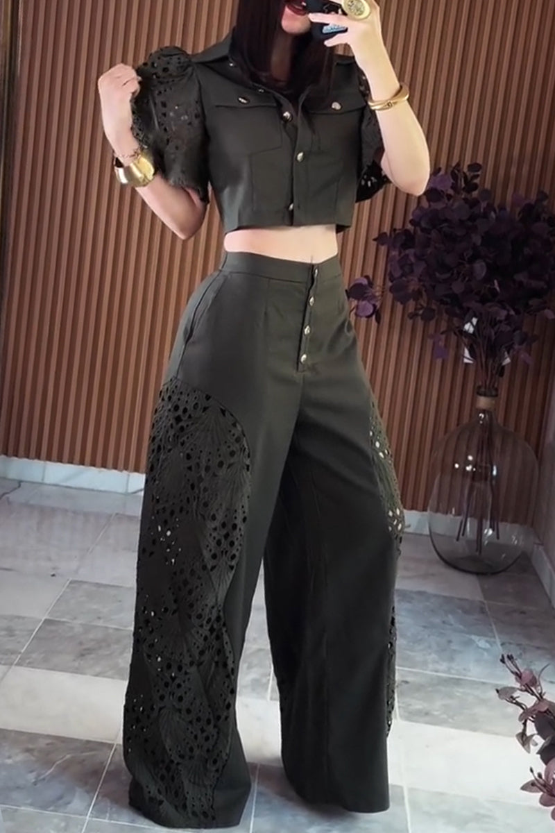 Women's Casual Pattern Cut-Out Sleeve Top or Cut-Out Patchwork Wide Leg Pants